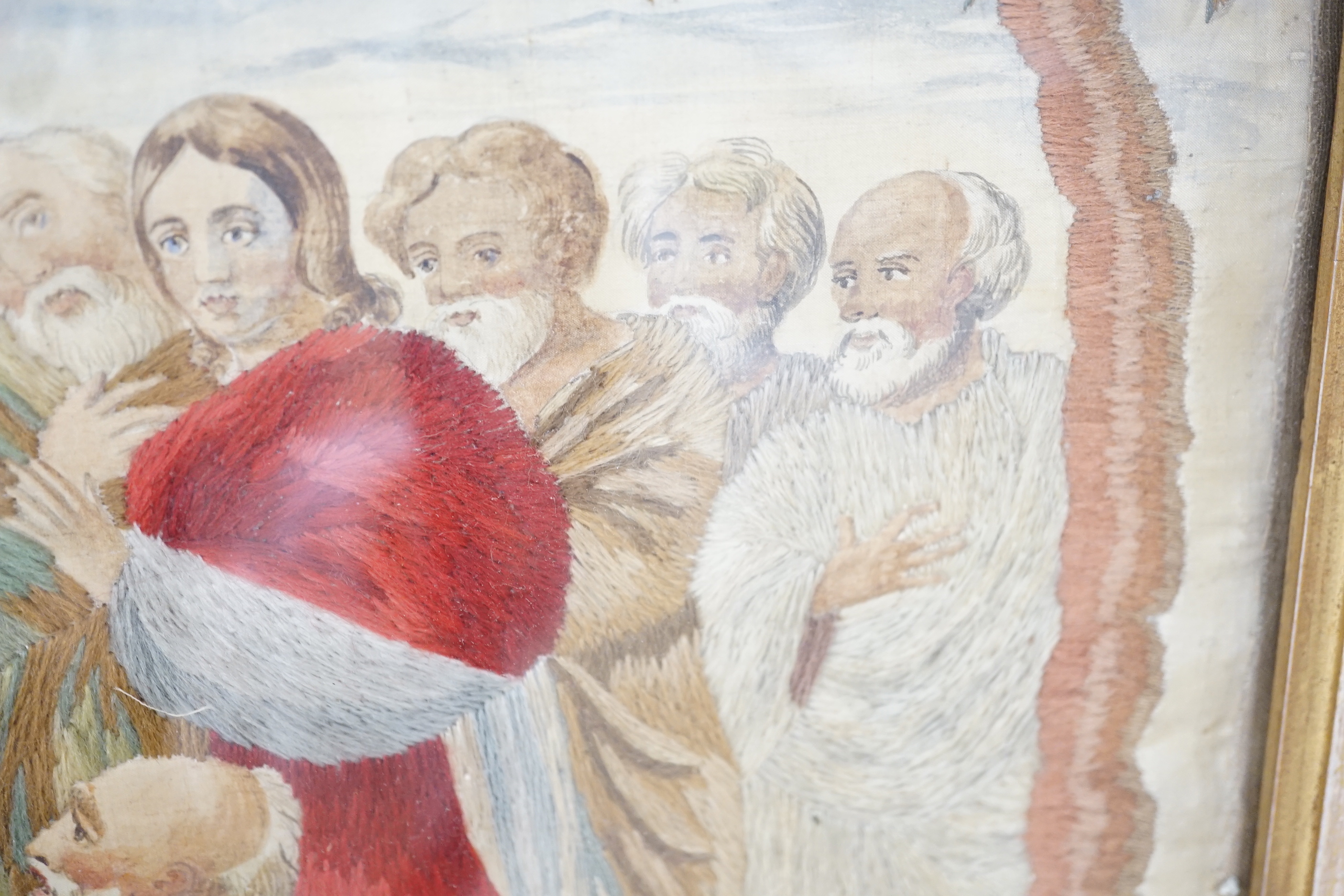 A Regency embroidered picture on silk of Christ and his Disciples, label verso “Sarah Tyler, 13 1/2 years, Her Work, Born 1811”, 55cm wide x 44cm high